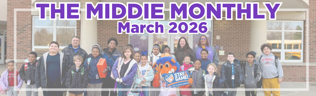 Photo of elementary students with Gary the lion standing in front of the school with the title "The Middie Monthly March 2026"